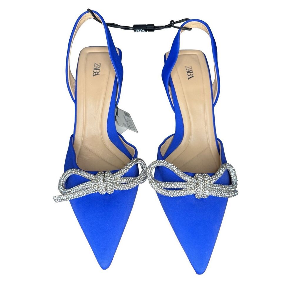 NEW ZARA Women’s Size 6.5 Blue Slingback Pointed Toe Heels Rhinestone Bows NWT